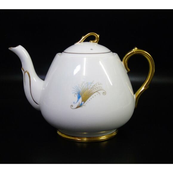 VTG Windsor England c1950 Porcleain TEAPOT Caribbean Gold Blue Peacock MCM - Picture 12 of 12